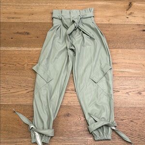 Stylish Tie-Waist Faux Leather Sage Green Joggers